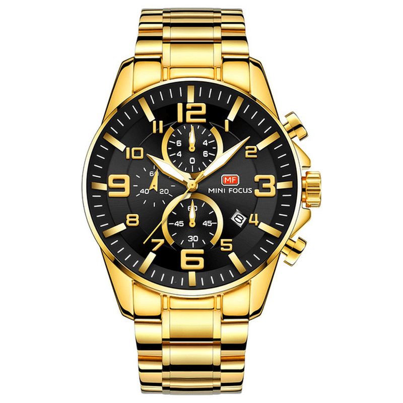 Mini Focus Mf0278G Royal Golden Ruostumattomasta Teräksestä Valmistettu Kronografi Business Quartz Watch Miesten Rannekello