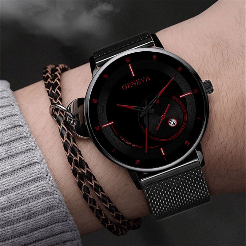 Muoti Casual Alloy Steel Business Casual Mesh Vyökalenteri Miesten Kvartsikello