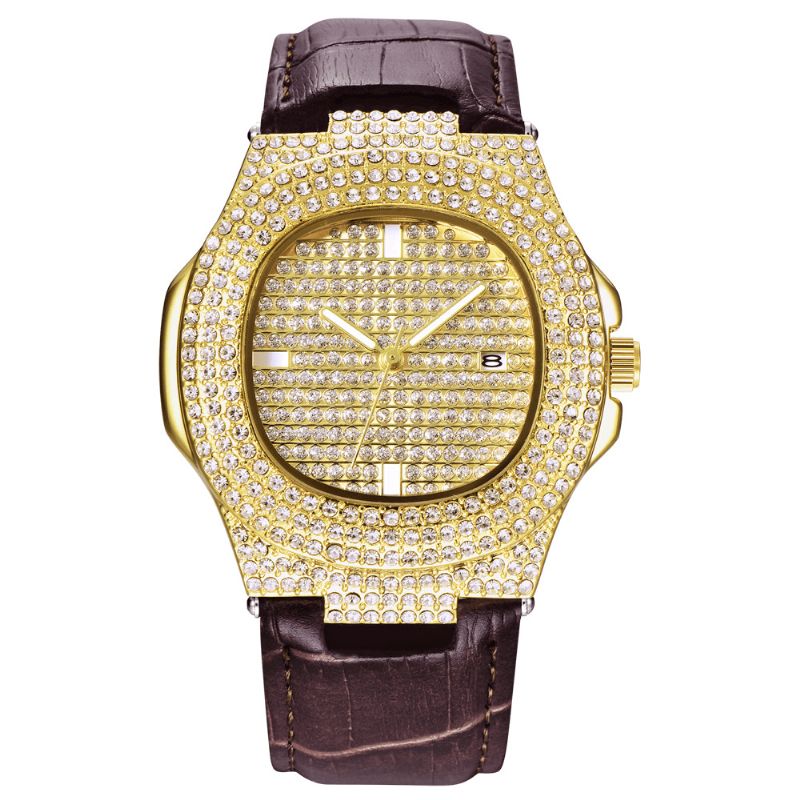 Muoti Elegent Alloy Pu-Nahka Miesten Vintage Diamond Watch Vyökvartsikello