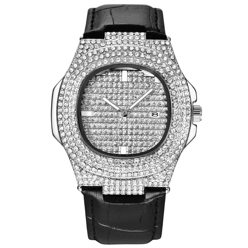 Muoti Elegent Alloy Pu-Nahka Miesten Vintage Diamond Watch Vyökvartsikello