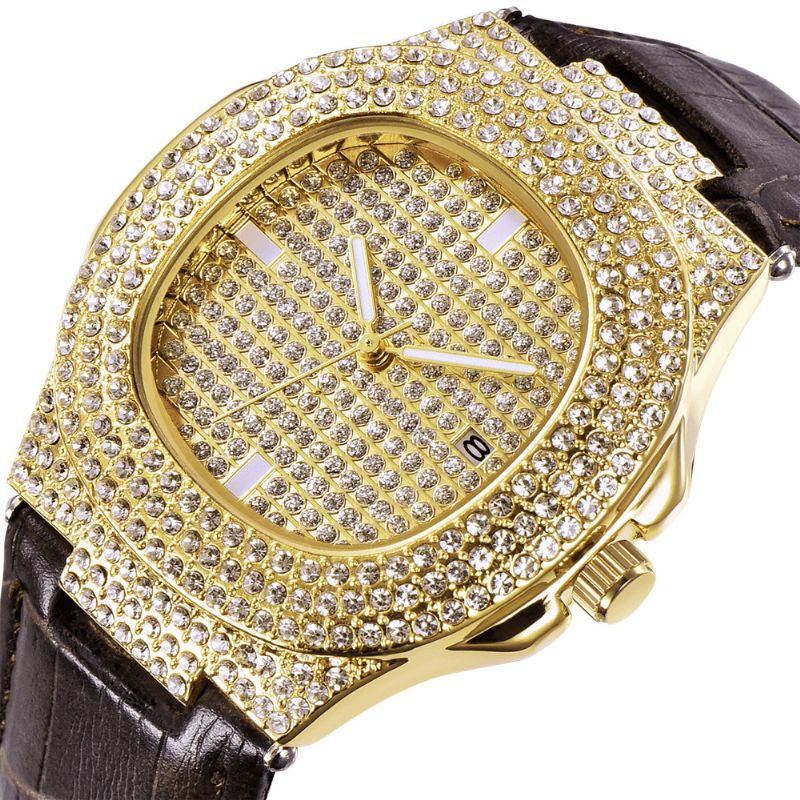 Muoti Elegent Alloy Pu-Nahka Miesten Vintage Diamond Watch Vyökvartsikello