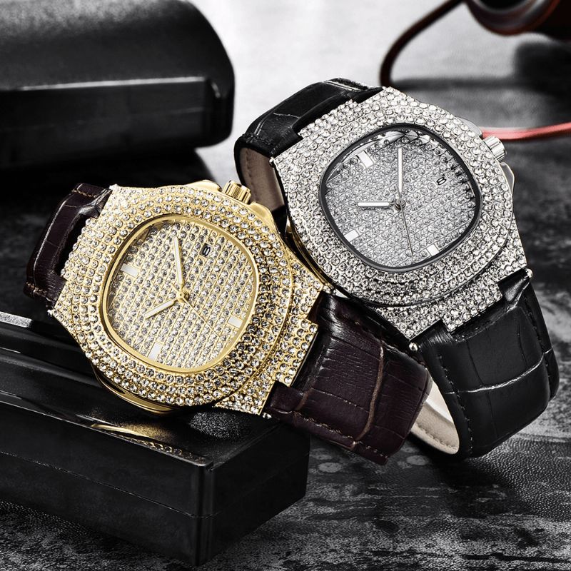 Muoti Elegent Alloy Pu-Nahka Miesten Vintage Diamond Watch Vyökvartsikello