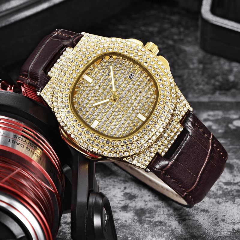 Muoti Elegent Alloy Pu-Nahka Miesten Vintage Diamond Watch Vyökvartsikello