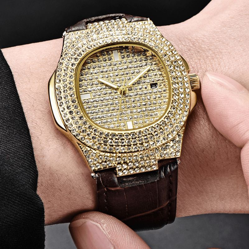 Muoti Elegent Alloy Pu-Nahka Miesten Vintage Diamond Watch Vyökvartsikello