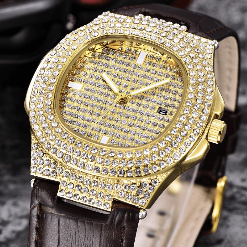 Muoti Elegent Alloy Pu-Nahka Miesten Vintage Diamond Watch Vyökvartsikello