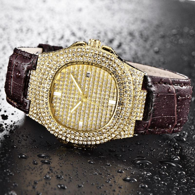 Muoti Elegent Alloy Pu-Nahka Miesten Vintage Diamond Watch Vyökvartsikello