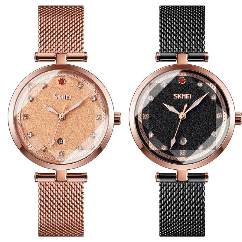 Naisten Kolmiulotteinen Kristallikello Skmei 9215 Mesh Steel Band Quartz Watch