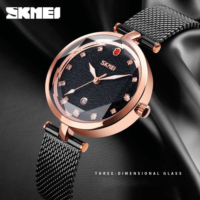 Naisten Kolmiulotteinen Kristallikello Skmei 9215 Mesh Steel Band Quartz Watch