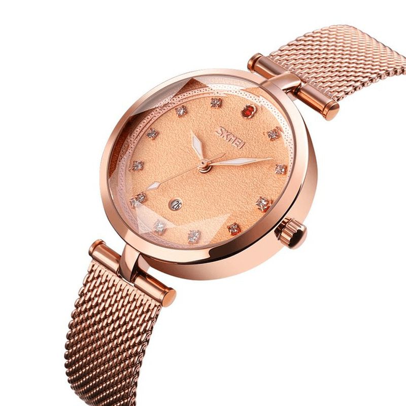 Naisten Kolmiulotteinen Kristallikello Skmei 9215 Mesh Steel Band Quartz Watch