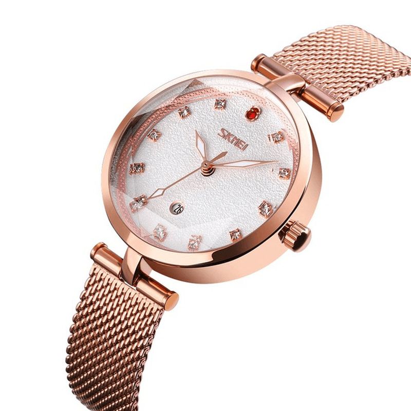 Naisten Kolmiulotteinen Kristallikello Skmei 9215 Mesh Steel Band Quartz Watch