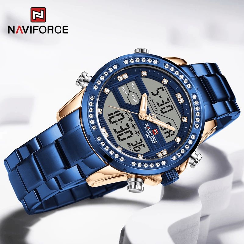 Naviforce 9190 Crystal Full Steel Band Kaksoisnäyttökello Kalenterihälytys Miesten Rannekello