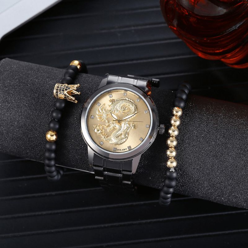 Seoksesta Valmistettu Ruostumaton Teräs Dragon Pattern Miesten Business Watch Koristeltu Pointer Quartz Watch Rannekoru