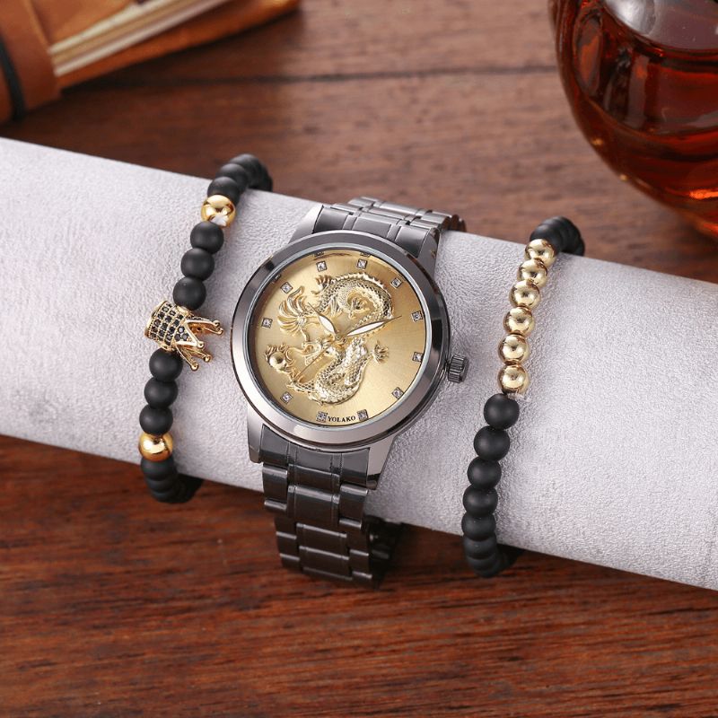 Seoksesta Valmistettu Ruostumaton Teräs Dragon Pattern Miesten Business Watch Koristeltu Pointer Quartz Watch Rannekoru