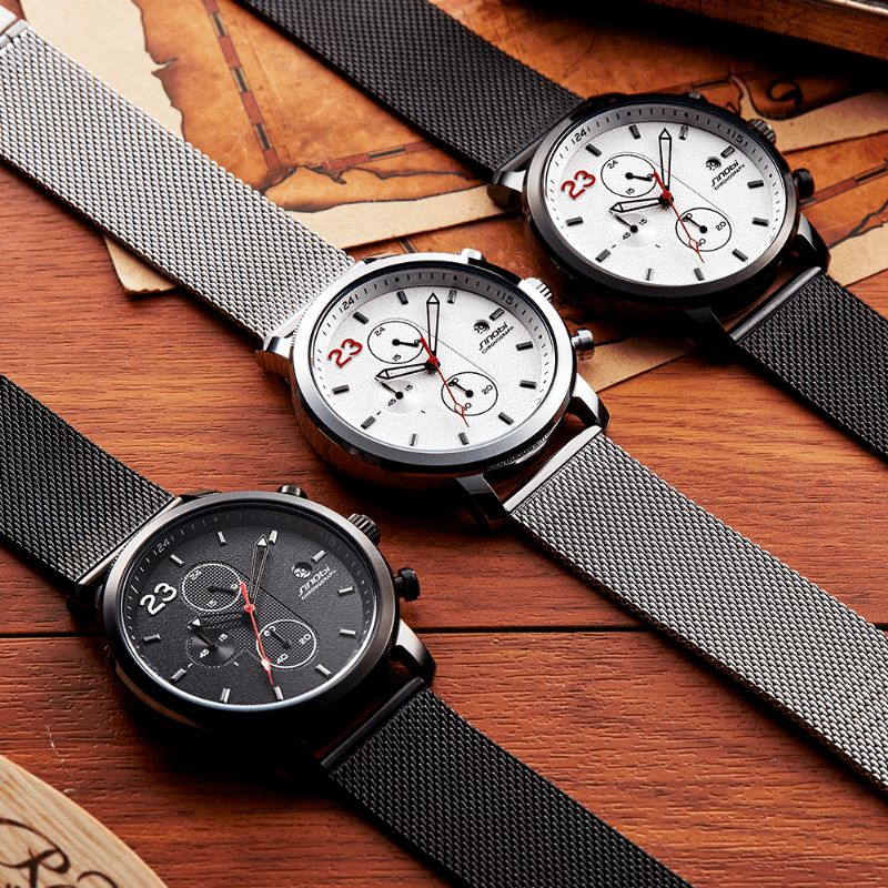 Sinobi 9765 Chronograph Casual Style Miesten Rannekello Verkkoteräshihna Kvartsikellot