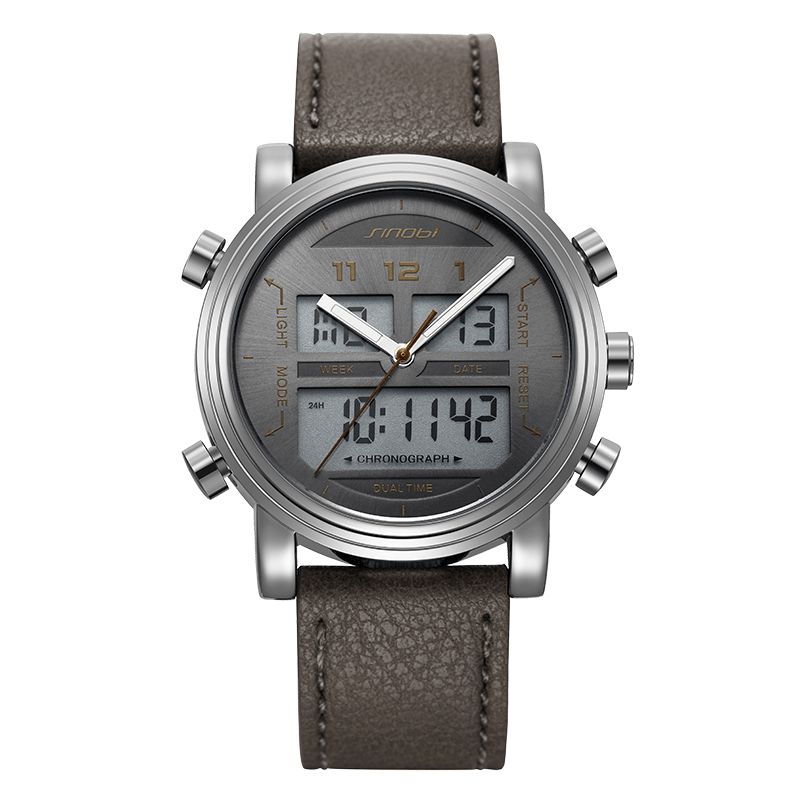 Sinobi 9824 Fashion Nahkaranneke Valoisan Näytön Hälytin Dual Display Digital Watch