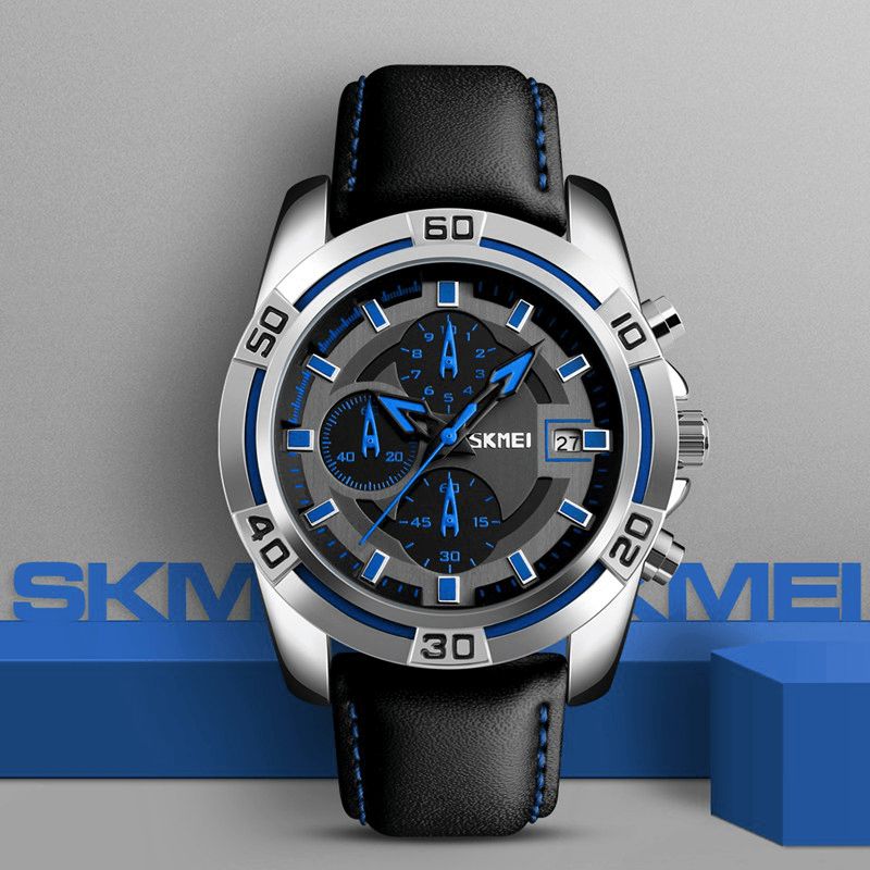 Skmei 9156 Urheilukello Chronograph Nahkahihna Vedenpitävä Miesten Kvartsi Rannekello