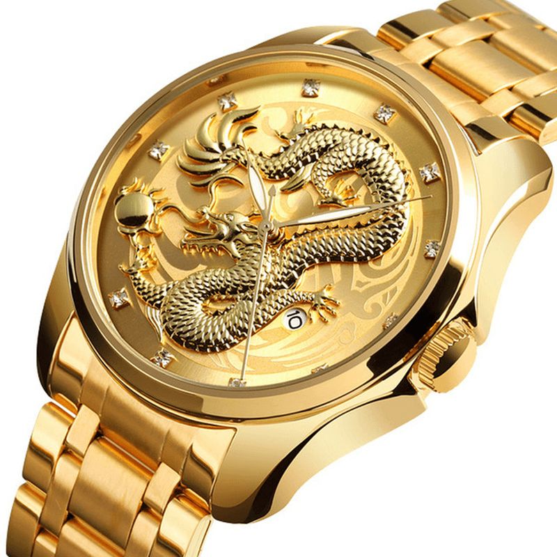 Skmei 9193 Luxury Chinese Dragon Pattern Kultainen Vedenpitävä Miesten Kello Quartz Watch