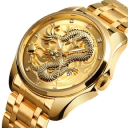 Skmei 9193 Luxury Chinese Dragon Pattern Kultainen Vedenpitävä Miesten Kello Quartz Watch