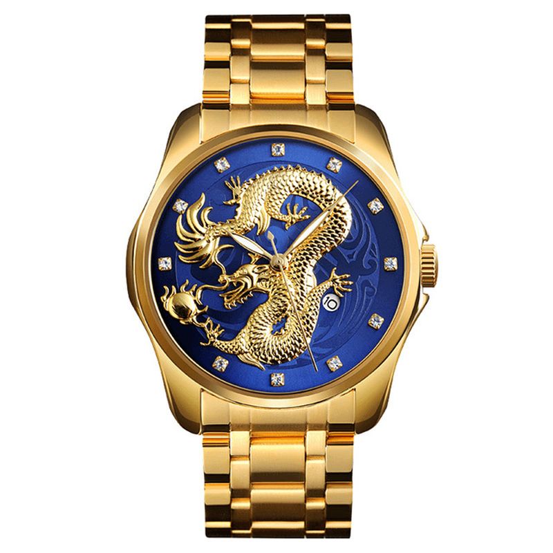 Skmei 9193 Luxury Chinese Dragon Pattern Kultainen Vedenpitävä Miesten Kello Quartz Watch