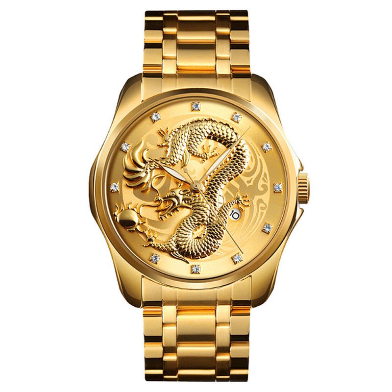 Skmei 9193 Luxury Chinese Dragon Pattern Kultainen Vedenpitävä Miesten Kello Quartz Watch