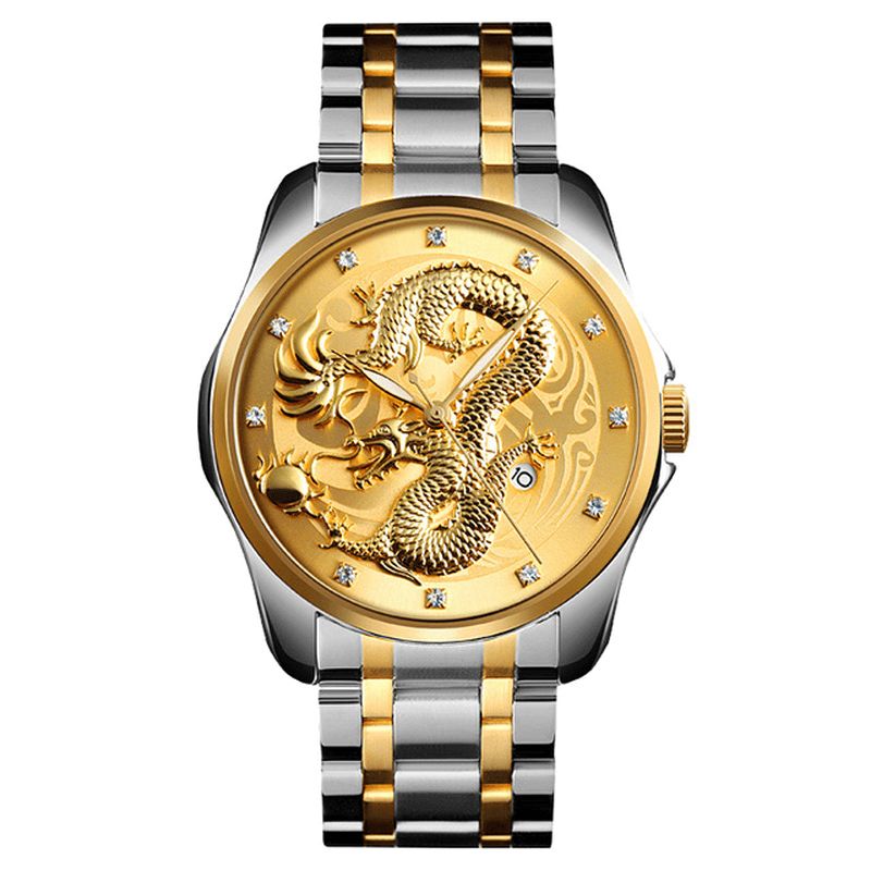 Skmei 9193 Luxury Chinese Dragon Pattern Kultainen Vedenpitävä Miesten Kello Quartz Watch