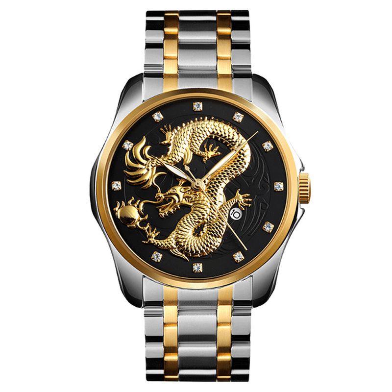 Skmei 9193 Luxury Chinese Dragon Pattern Kultainen Vedenpitävä Miesten Kello Quartz Watch