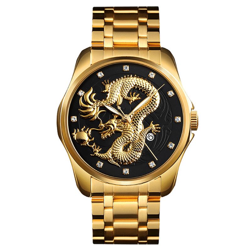 Skmei 9193 Luxury Chinese Dragon Pattern Kultainen Vedenpitävä Miesten Kello Quartz Watch