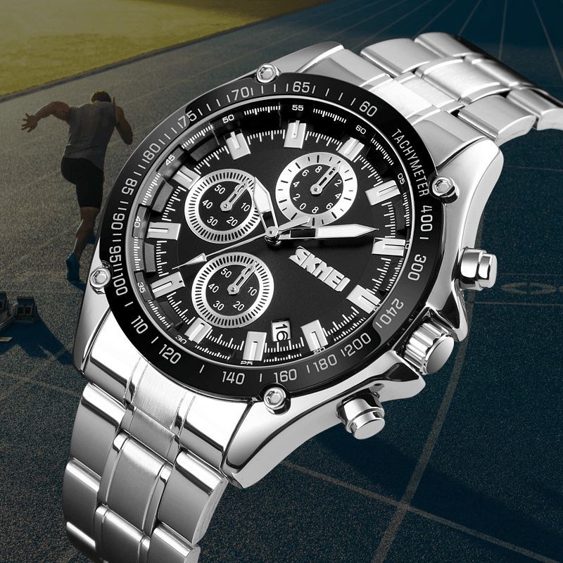 Skmei Ruostumattomasta Teräksestä Valmistettu Miesten Kello Running Seconds Chronograph Waterproof Business Quartz Watch