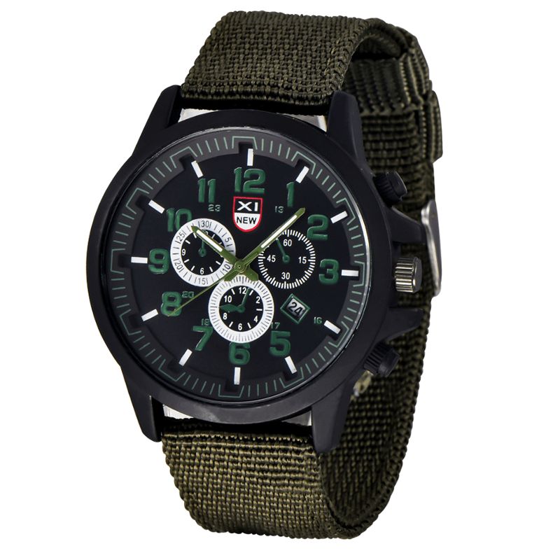 Xinew 2229D Military Casual Miesten Nylon Canvas Band Data Display Vedenpitävä Suuri Kellotaulu Urheilu Kvartsi Kello