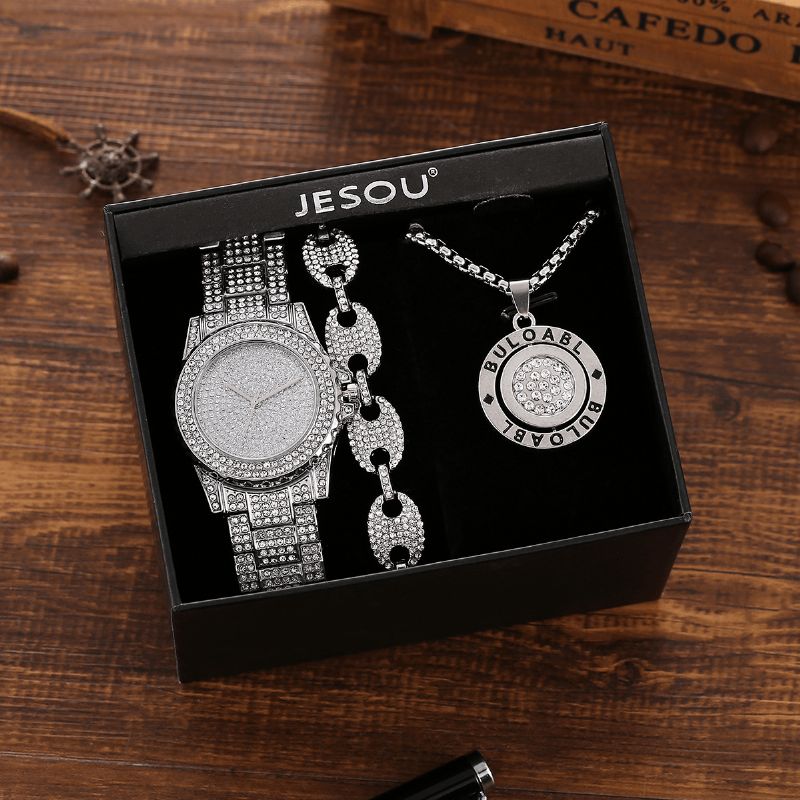 Xsvo 3 Kpl Full Diamond Steel Band Hip Hop Temperament Quartz Watch Tekojalokivi Rannekoru Kaulakoru Setti