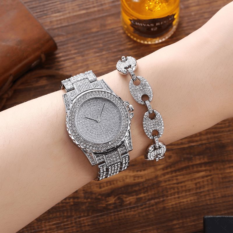 Xsvo 3 Kpl Full Diamond Steel Band Hip Hop Temperament Quartz Watch Tekojalokivi Rannekoru Kaulakoru Setti