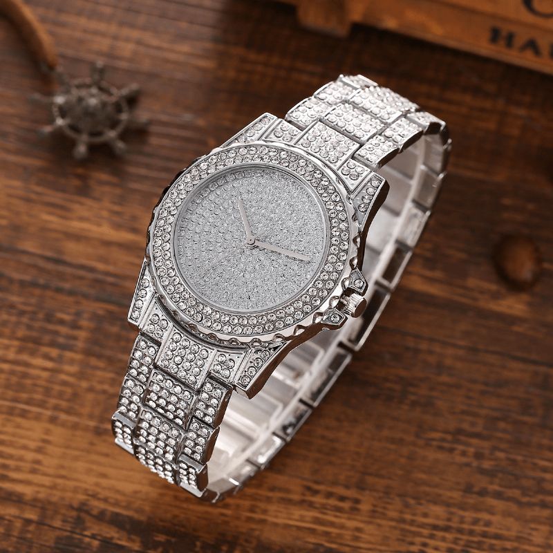 Xsvo 3 Kpl Full Diamond Steel Band Hip Hop Temperament Quartz Watch Tekojalokivi Rannekoru Kaulakoru Setti