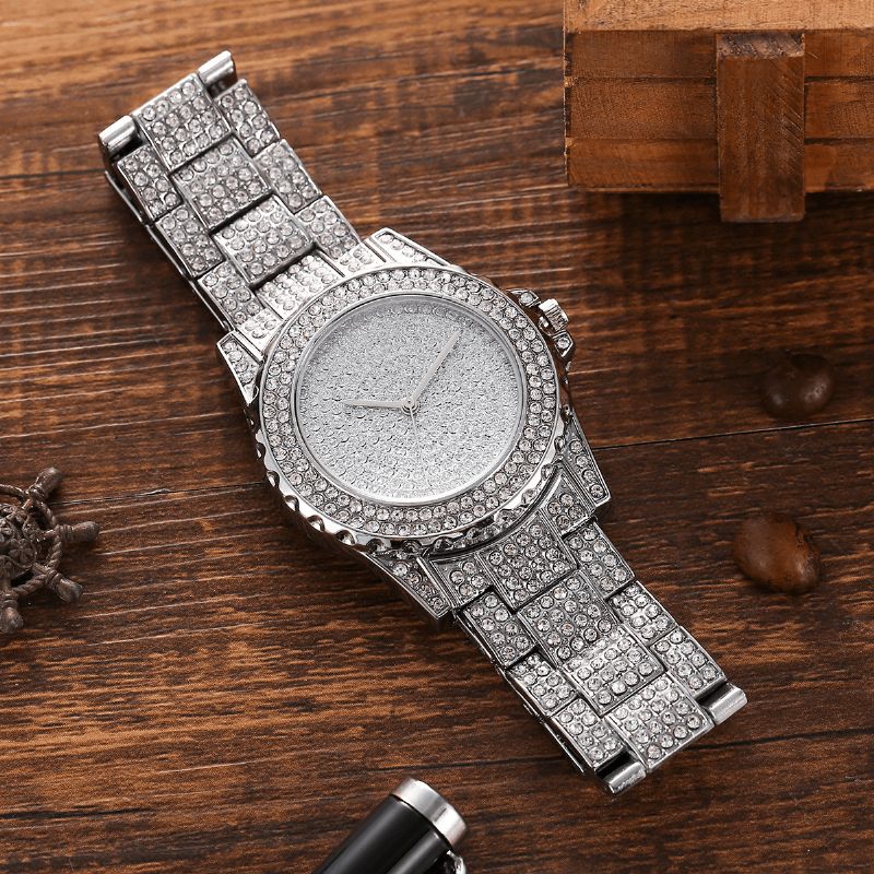 Xsvo 3 Kpl Full Diamond Steel Band Hip Hop Temperament Quartz Watch Tekojalokivi Rannekoru Kaulakoru Setti