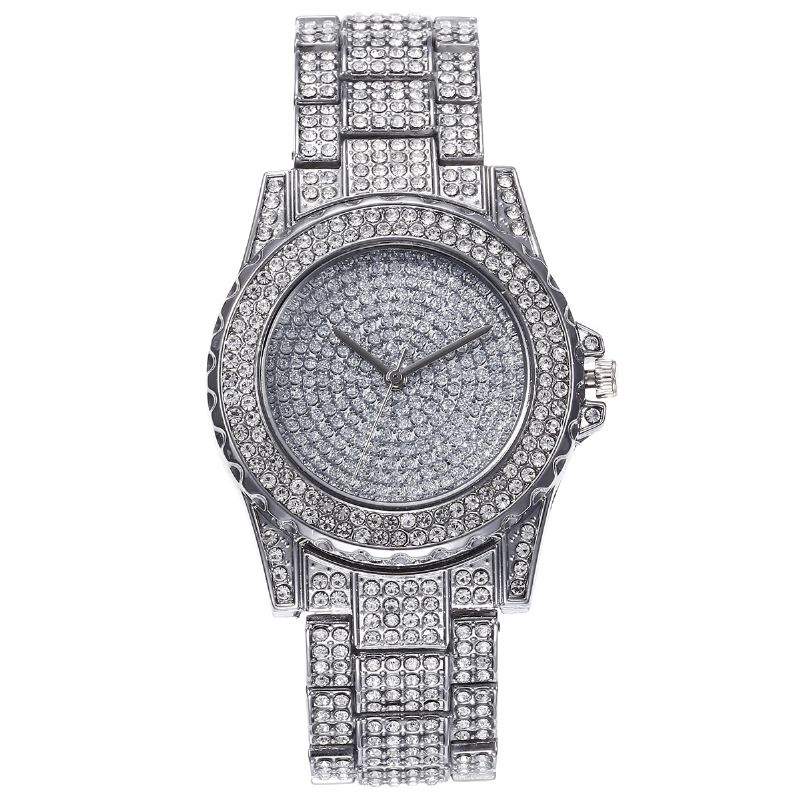 Xsvo 3 Kpl Full Diamond Steel Band Hip Hop Temperament Quartz Watch Tekojalokivi Rannekoru Kaulakoru Setti