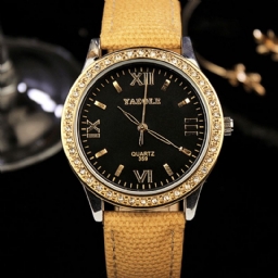 Yazole 359 Muoti Naisten Kvartsikello Retro Crystal Gold Luxury Aitoa Nahkaa Oleva Naisten Kello