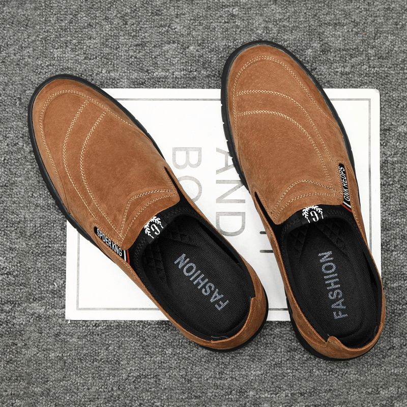 Miesten Mukavat Siannahkaiset Ompeleet Liukumattomat Pyöreät Kärjet Lazy Slip-On Loafers Kengät