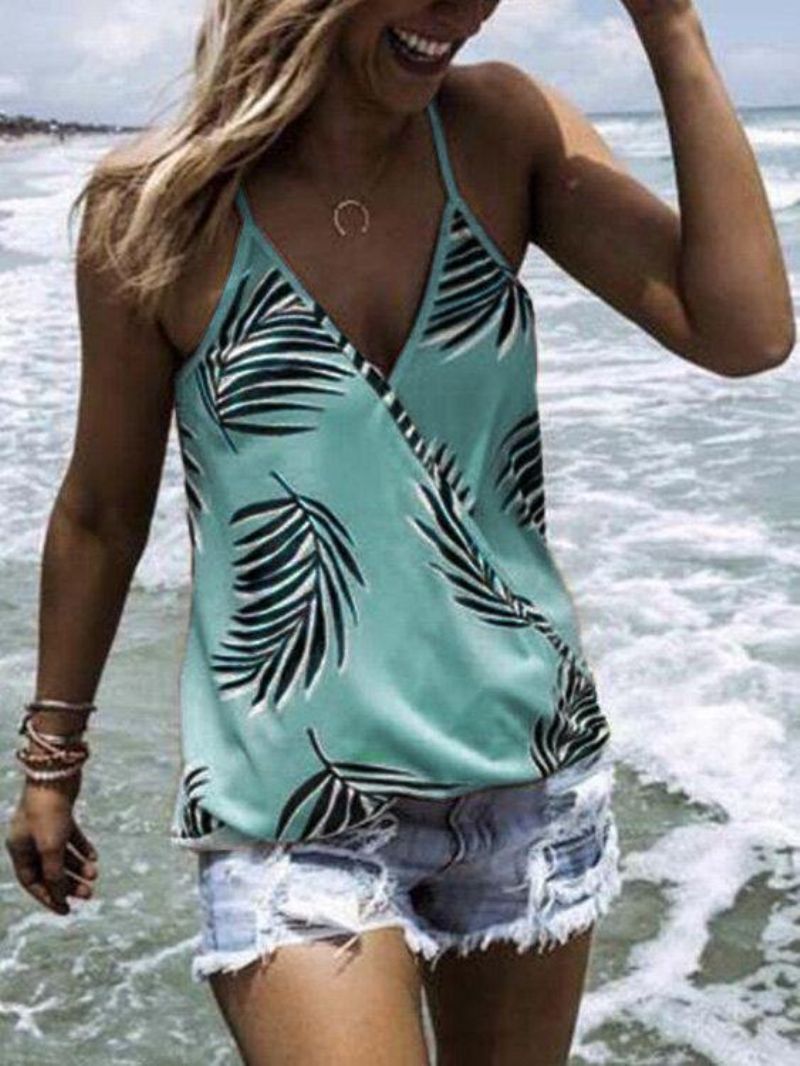 Tropical Plant Print V-Kaula-Aukkoiset Hihattomat Summer Hawaii Tanktopit