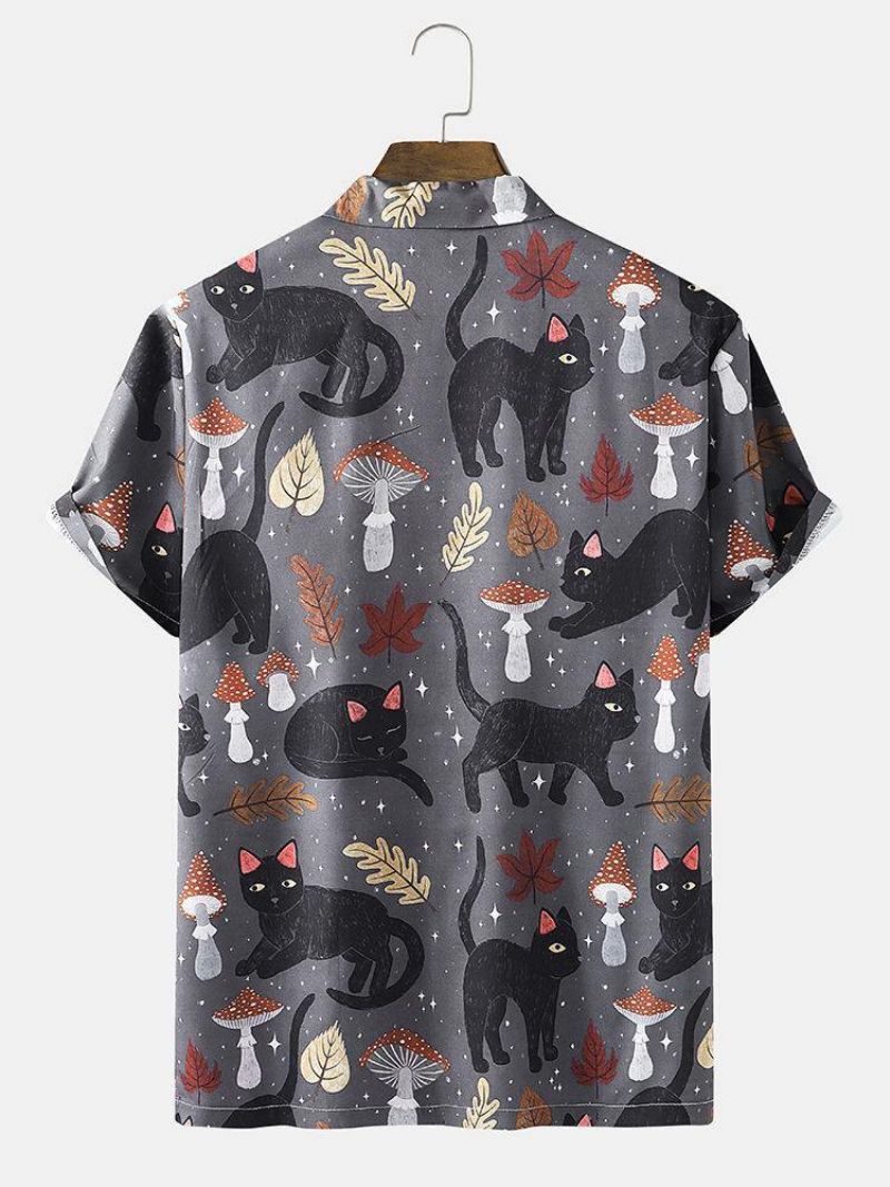 Miesten Street Cat & Mushroom Print Revere Kauluspaidat