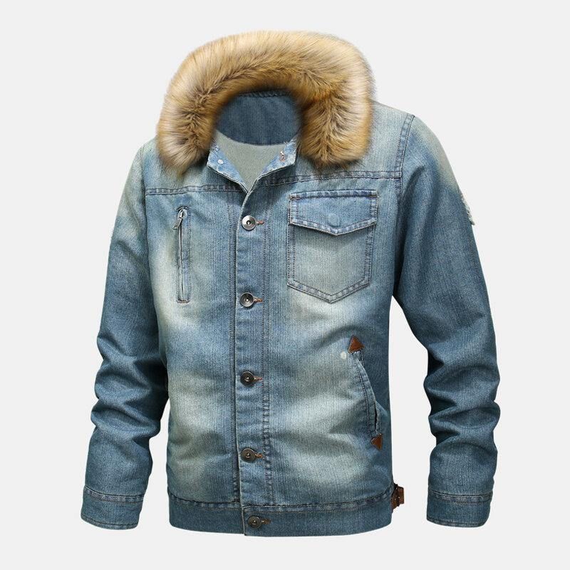 Miesten Muoti 100 % Puuvillaa Taskut Denim Fleece Paksutettu Stand Kaulus Rento Takki