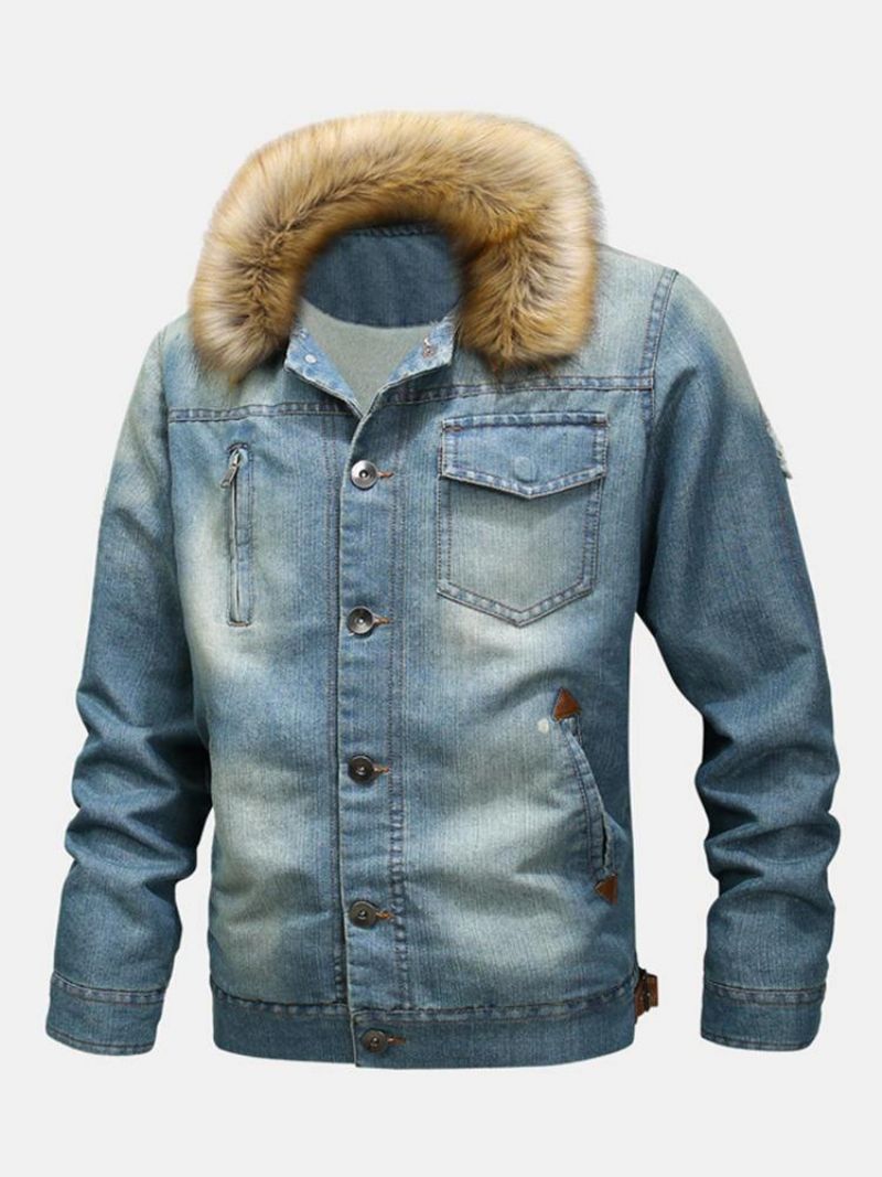 Miesten Muoti 100 % Puuvillaa Taskut Denim Fleece Paksutettu Stand Kaulus Rento Takki