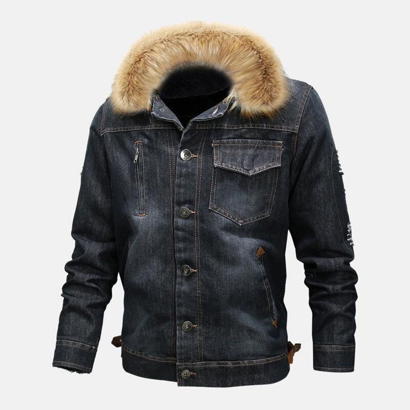 Miesten Muoti 100 % Puuvillaa Taskut Denim Fleece Paksutettu Stand Kaulus Rento Takki