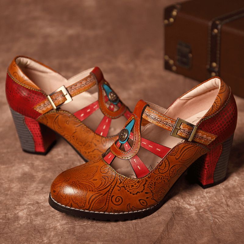 Vintage Hollow Out Chunky Heel Nahkapumput