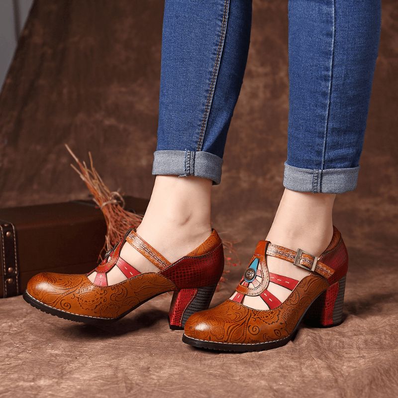 Vintage Hollow Out Chunky Heel Nahkapumput