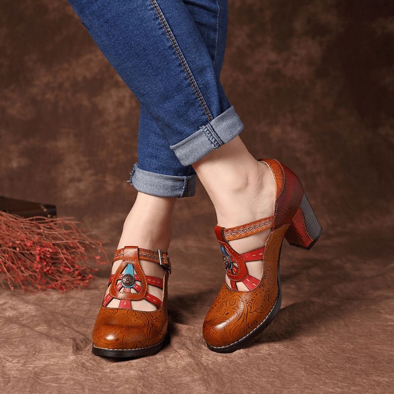 Vintage Hollow Out Chunky Heel Nahkapumput