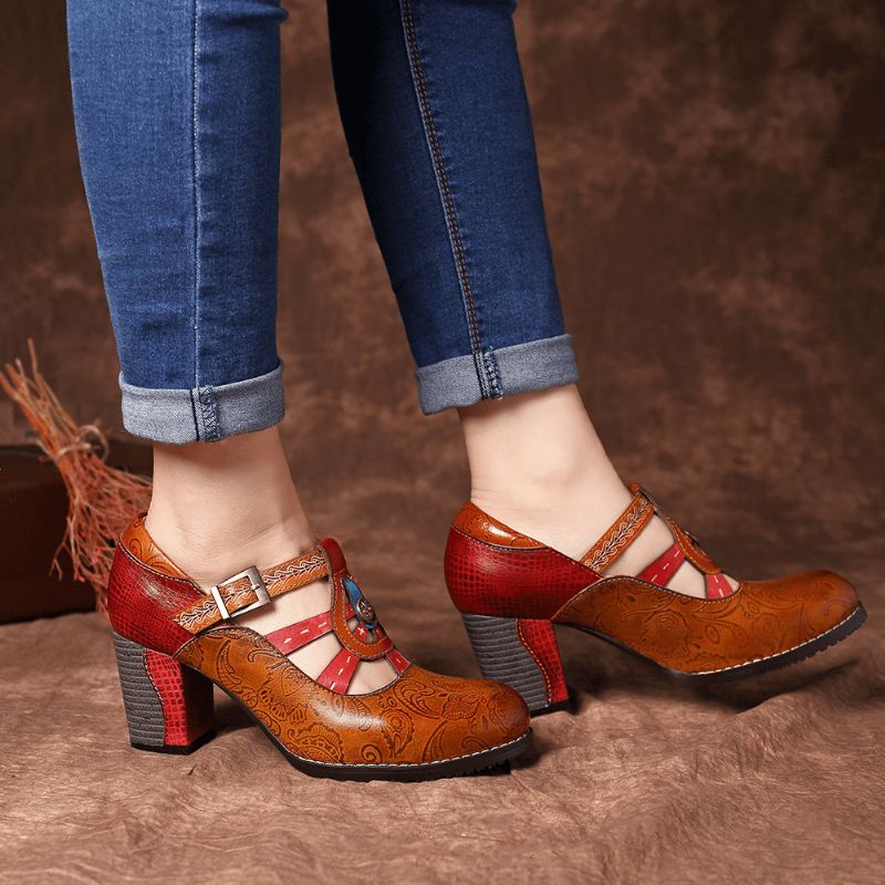 Vintage Hollow Out Chunky Heel Nahkapumput