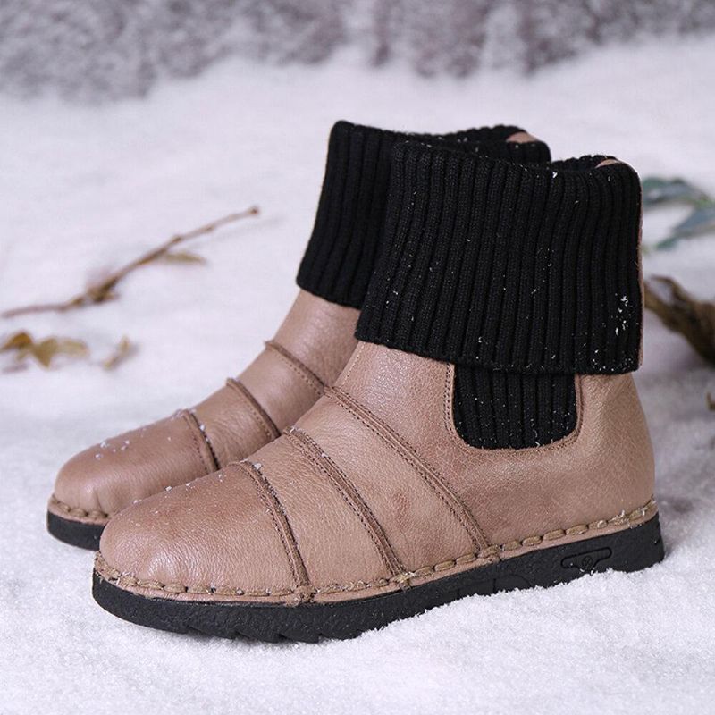 Lehmännahasta Tikkaukset Lämmin Vuori Slip-On Flat Snow Lyhyet Saappaat