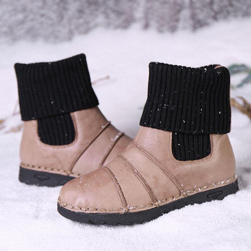 Lehmännahasta Tikkaukset Lämmin Vuori Slip-On Flat Snow Lyhyet Saappaat