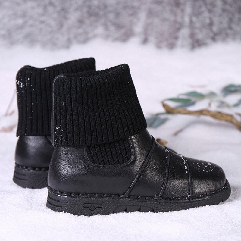 Lehmännahasta Tikkaukset Lämmin Vuori Slip-On Flat Snow Lyhyet Saappaat