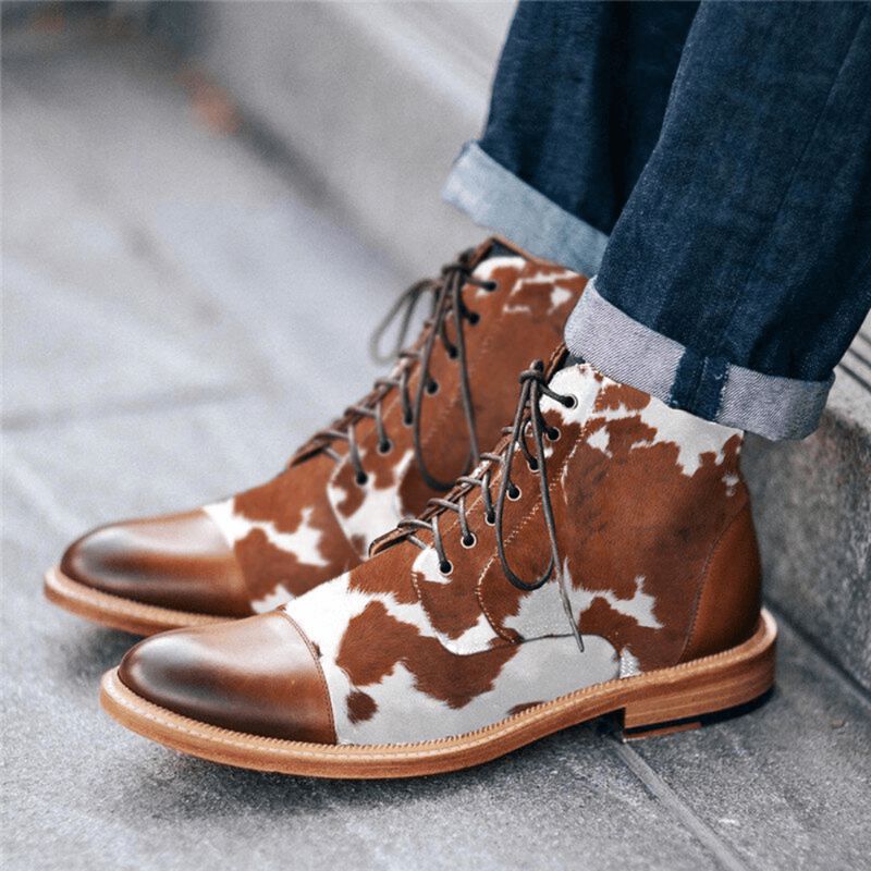 Miesten Cow Spot Printed Cap Toe Mukavat Nilkkasaappaat