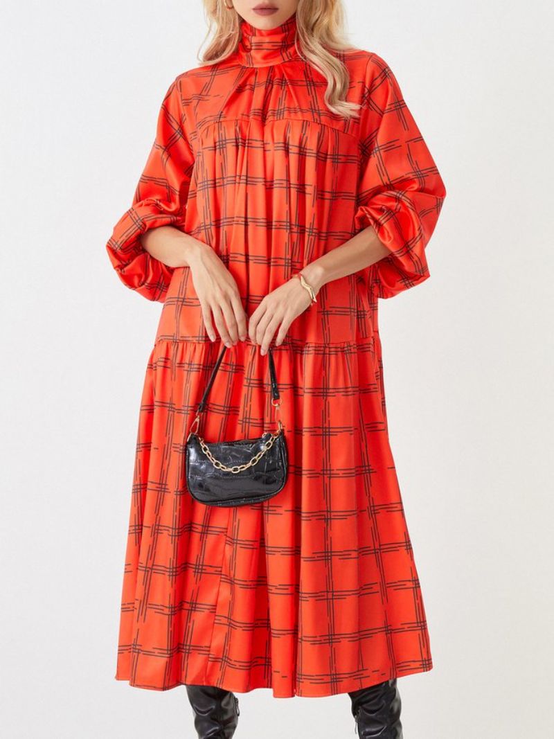 Lantern Sleeve Turtleneck Plaid Elegant Midi Mekko